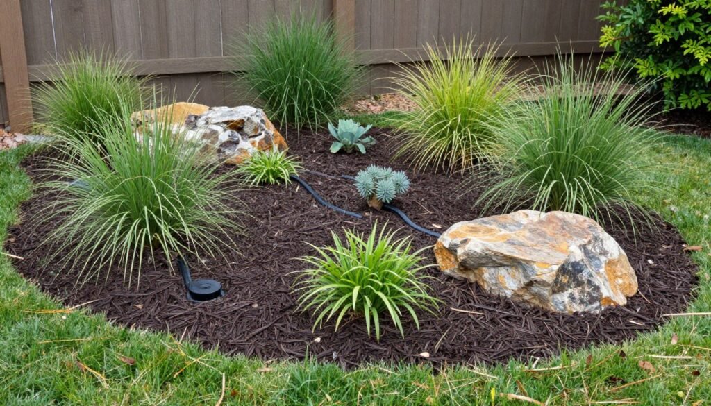 low-maintenance backyard with native plants and mulched beds