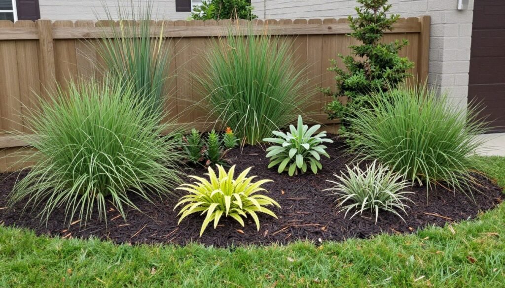 low-maintenance landscape with native plants and mulch