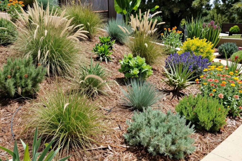 low maintenance native plant garden on sloped hillside backyard
