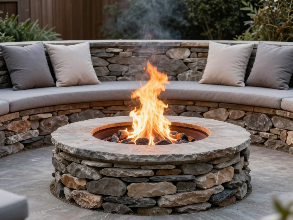low profile flagstone fire pit with wide sitting wall
