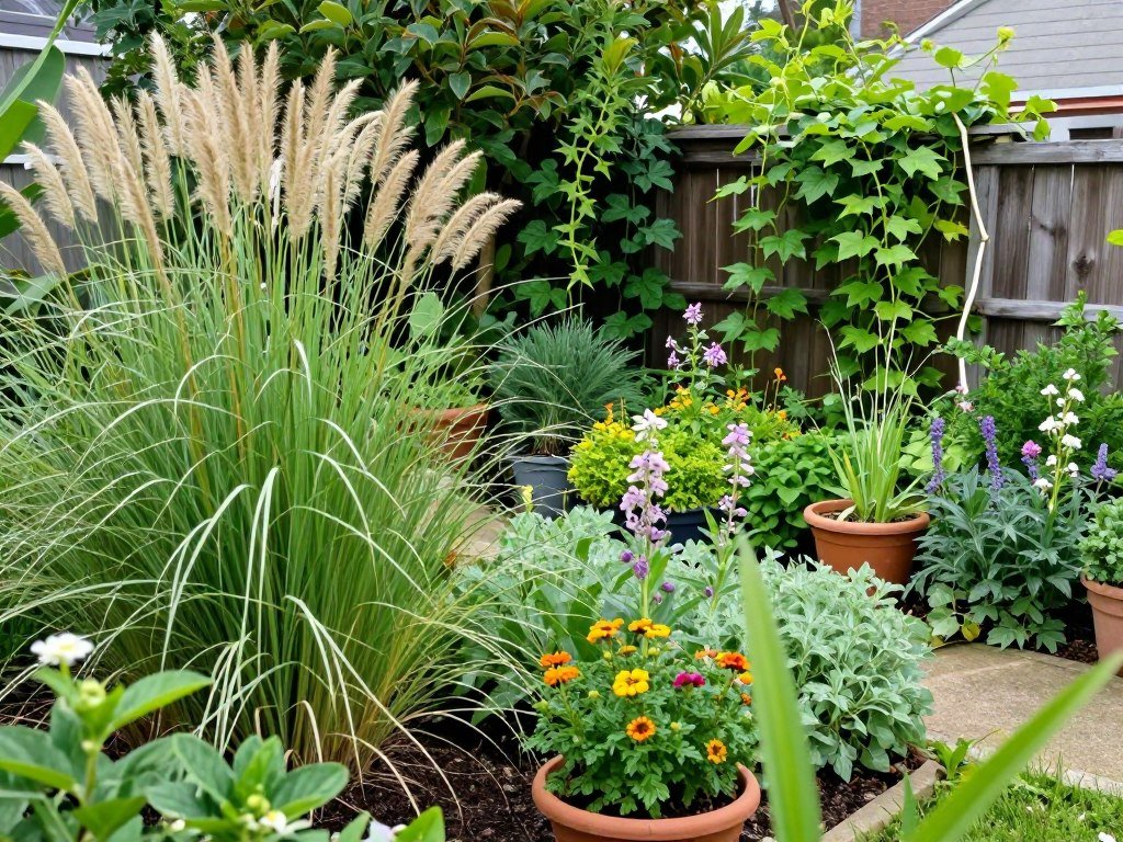 lush backyard garden with variety of plants and greenery creating privacy lush backyard garden with variety of plants and greenery creating privacy