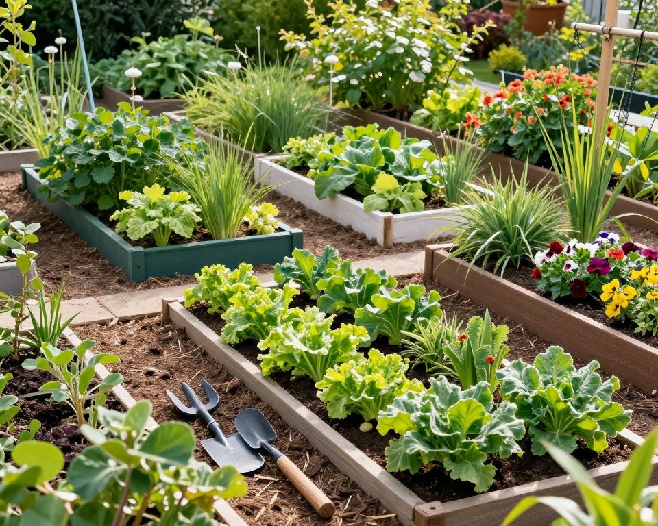 lush garden with raised beds and variety of plants