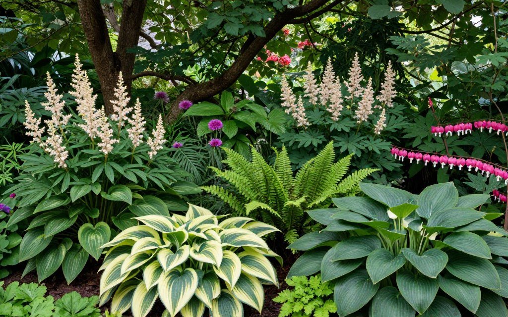 lush shade garden with hostas, ferns, and other shade-loving plants