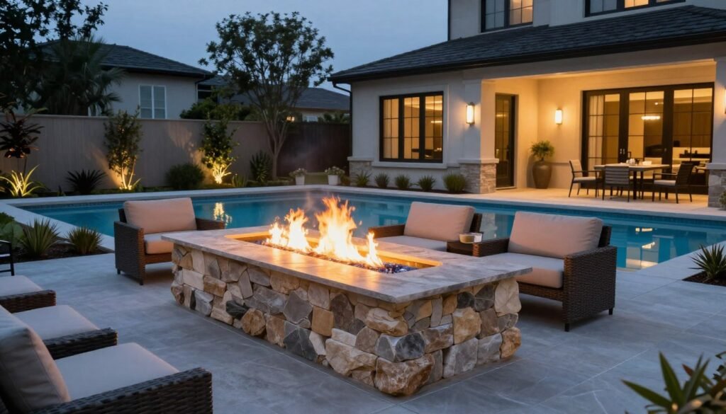 luxury fire pit with water feature integration and high-end materials