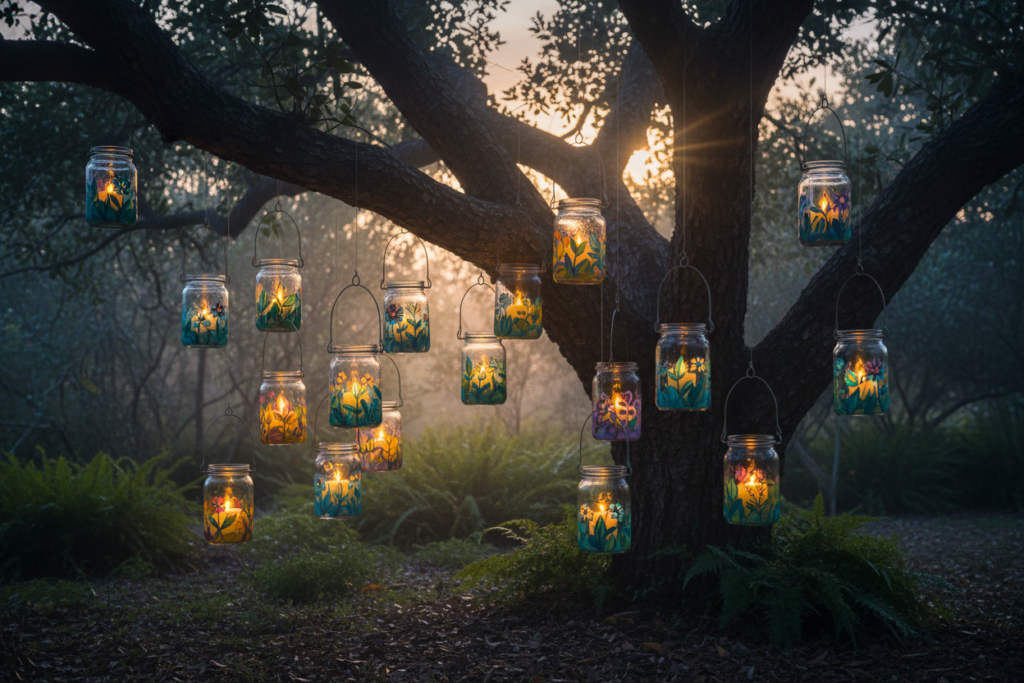 mason jar lanterns hanging from tree branches with led candles