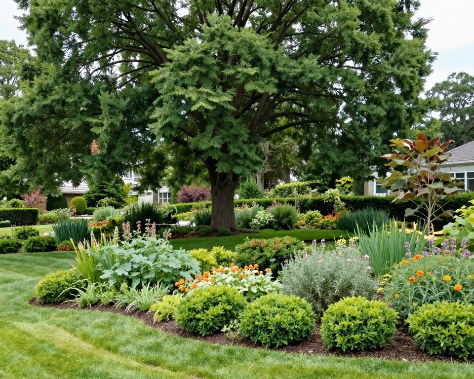 mature landscape with established trees and well-developed garden beds
