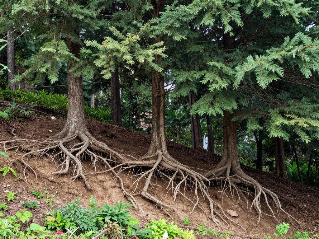 mature trees with extensive root systems planted on sloped hillside for erosion control