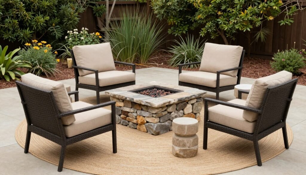 mix of lounge chairs and dining chairs around fire pit