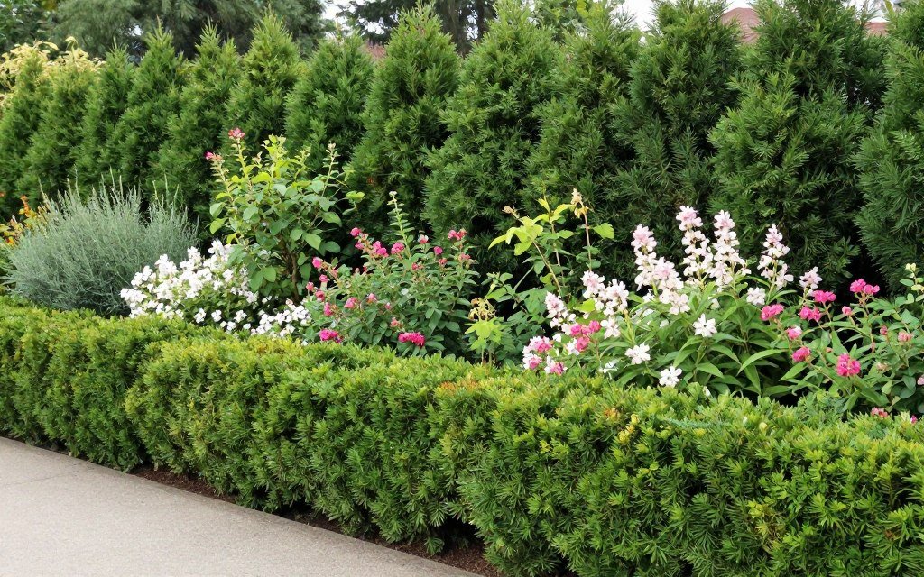 mixed hedge of evergreen and flowering shrubs creating natural privacy border