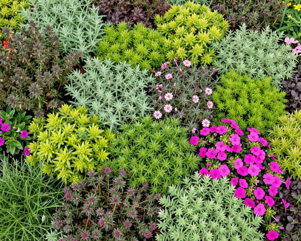 mixed low-growing groundcover plants creating colorful tapestry effect