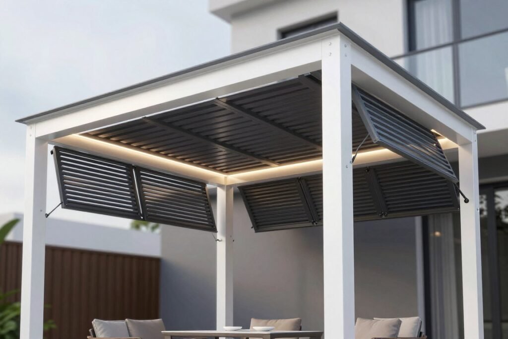 modern aluminum pergola with adjustable louvers over seating area