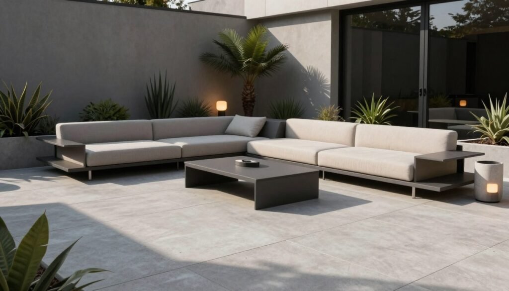 modern backyard patio design with sleek furniture and geometric patterns