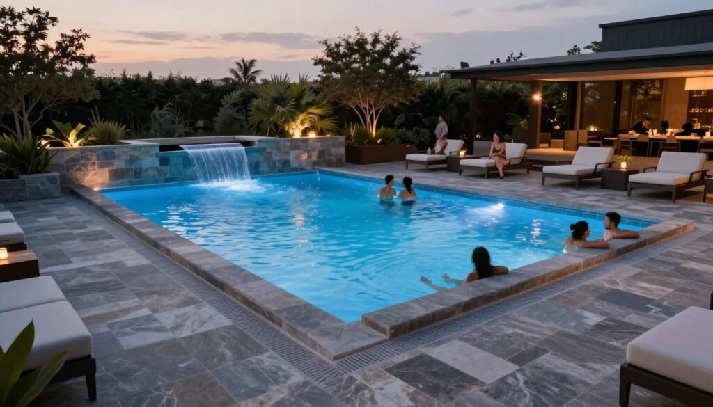 modern cocktail pool with built-in seating and ambient underwater lighting at dusk
