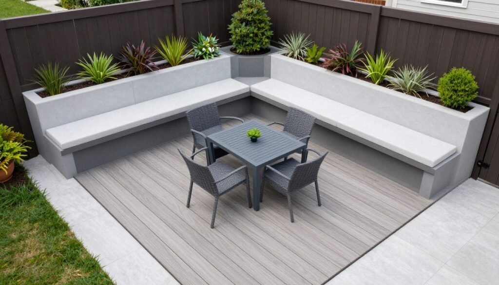 modern composite deck with built-in seating in small backyard