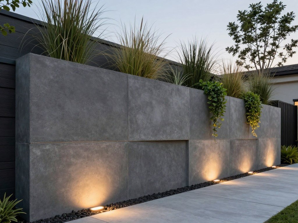 modern concrete block retaining wall with integrated lighting and plantings