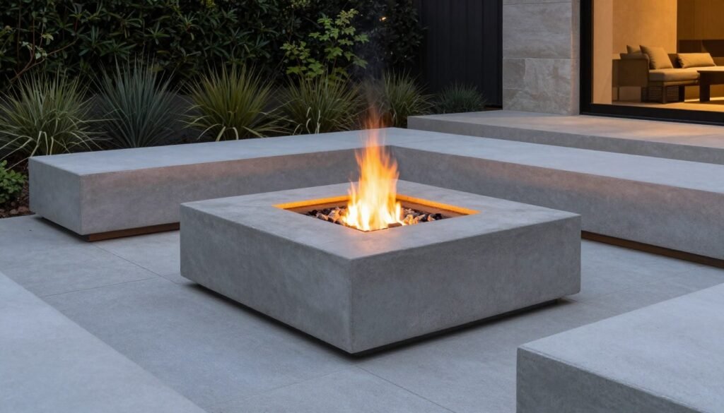 modern concrete fire pit with sleek design in contemporary backyard lounge area