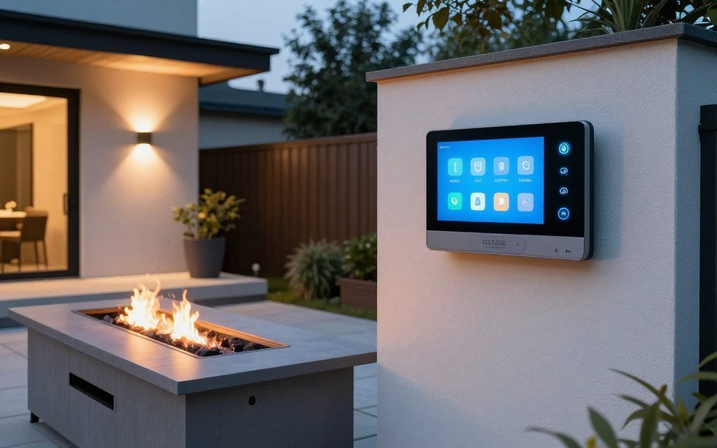 modern fire pit area with smart outdoor lighting system