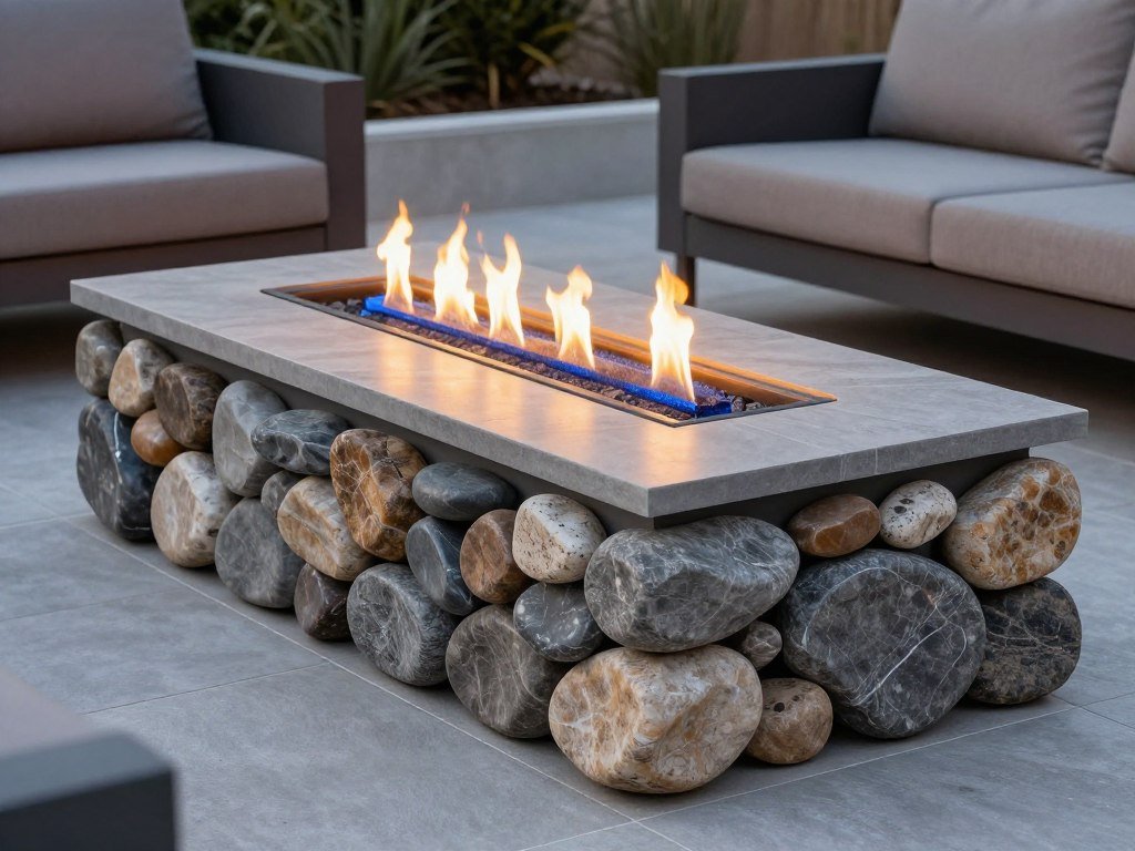 modern fire pit with river rock base and gas flames