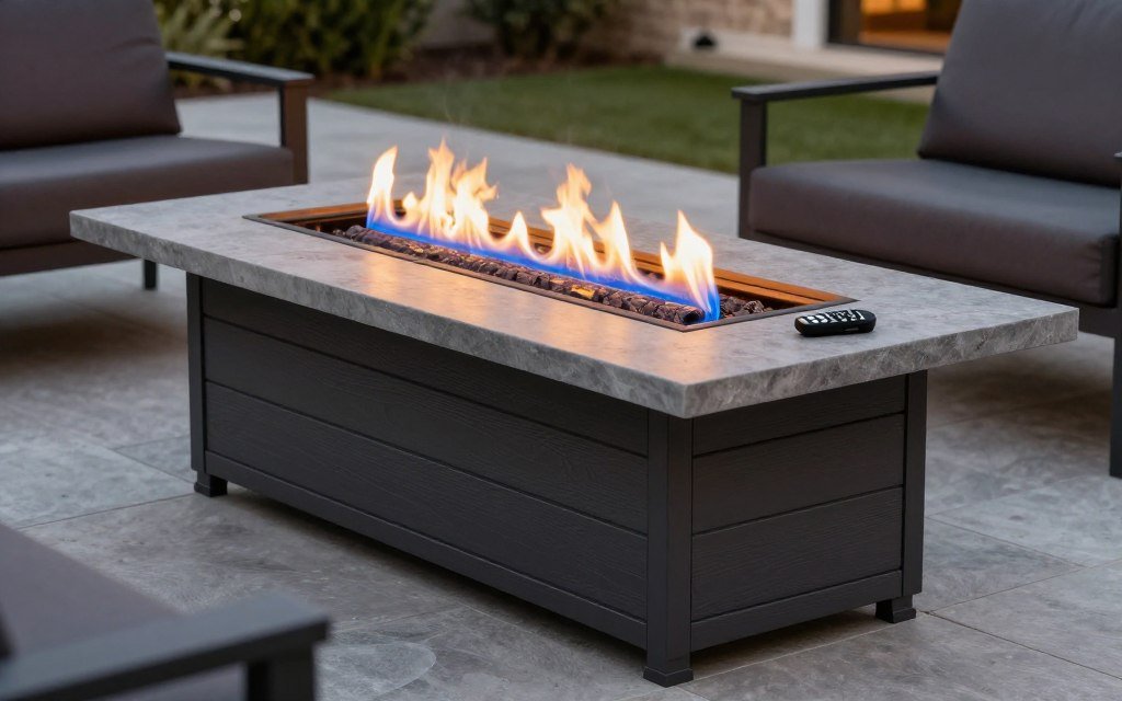 modern gas fire pit with glass rocks and blue flames