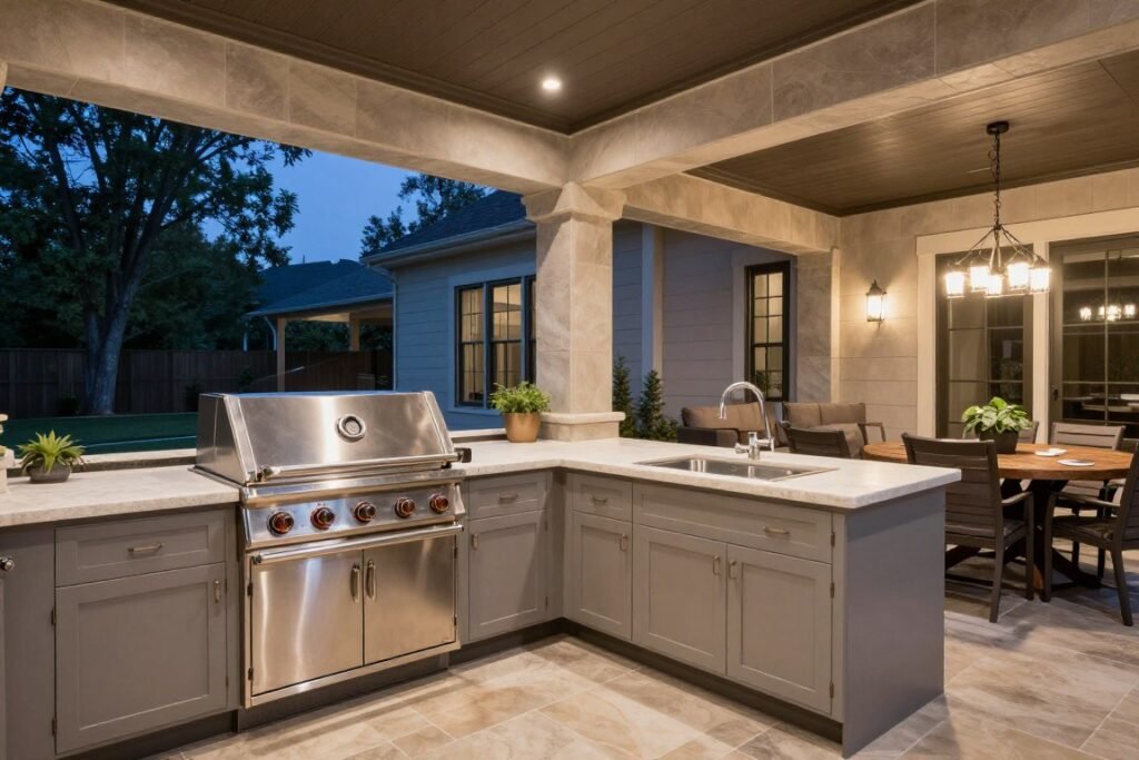modern outdoor kitchen with grill and dining area