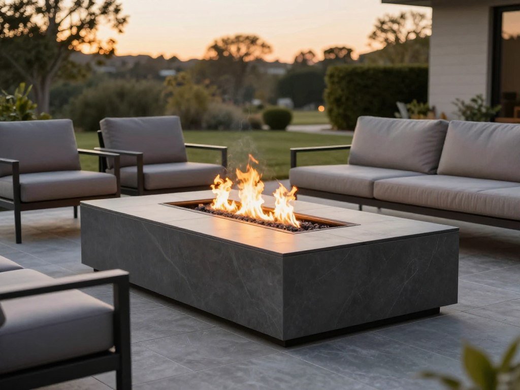 modern rectangular fire pit built into patio with linear design