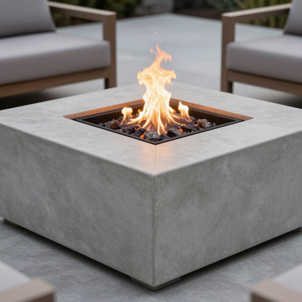 modern square concrete fire pit with smooth finish
