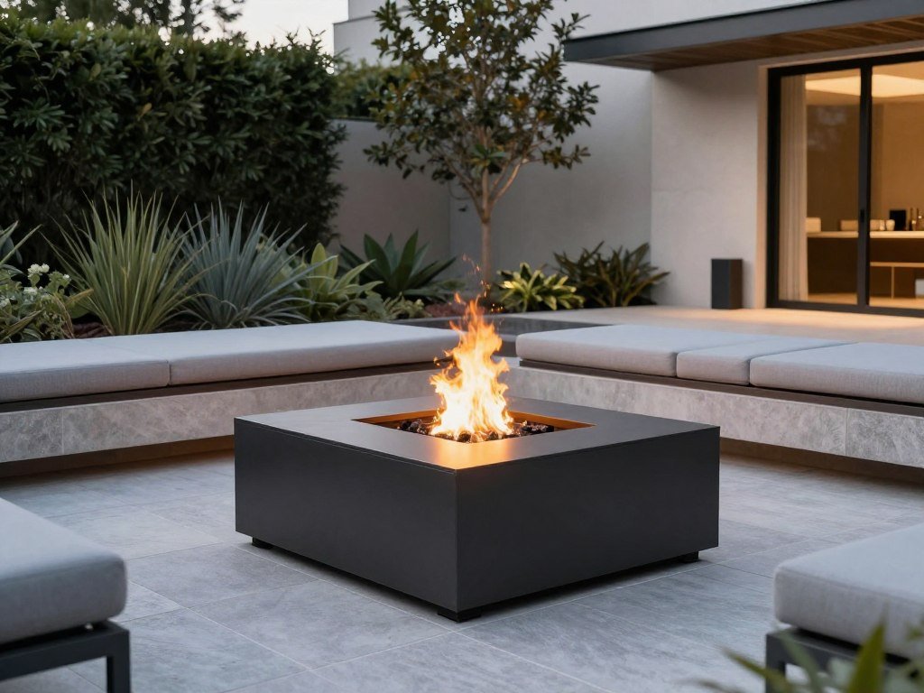 modern square fire pit with contemporary patio furniture