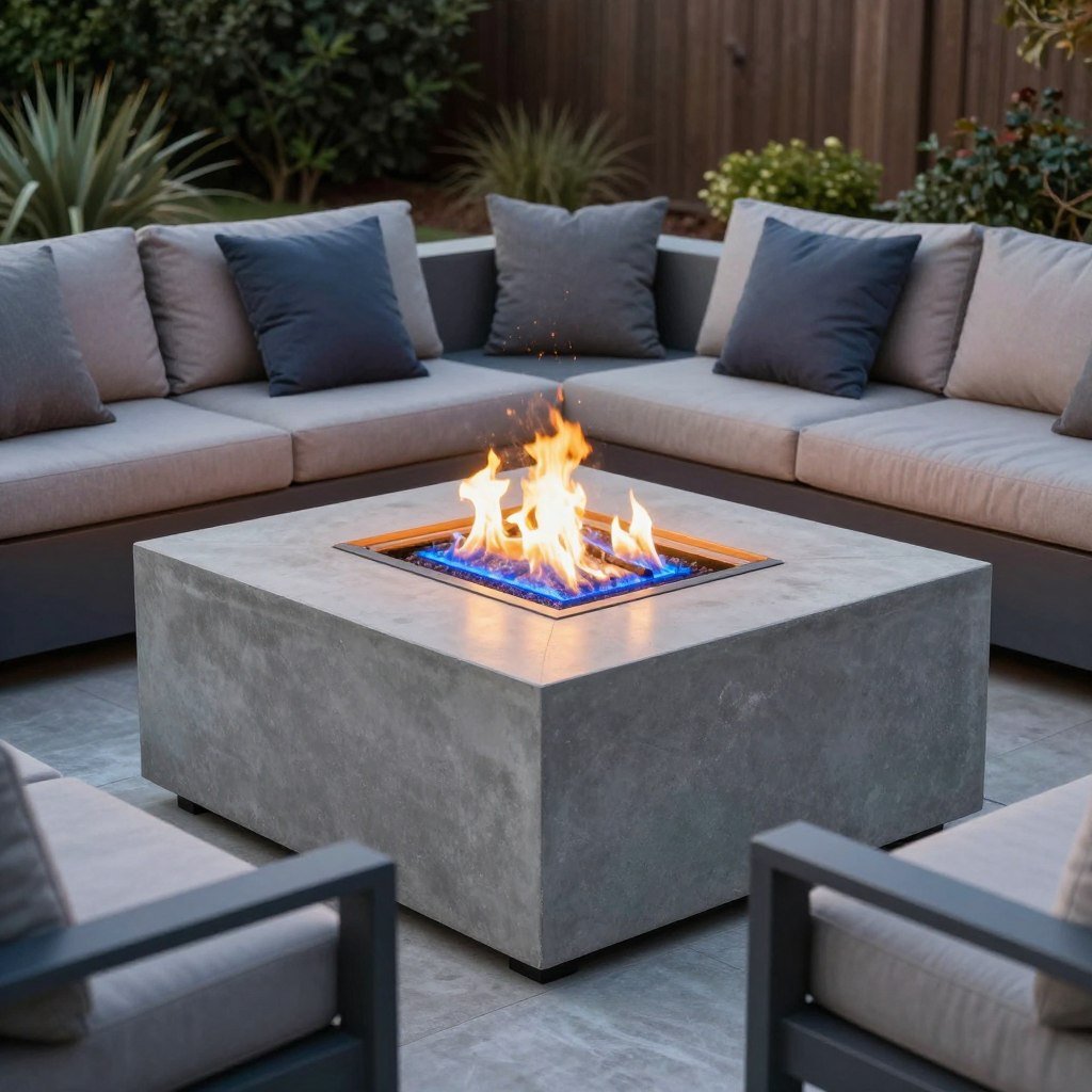modern square fire pit with contemporary seating