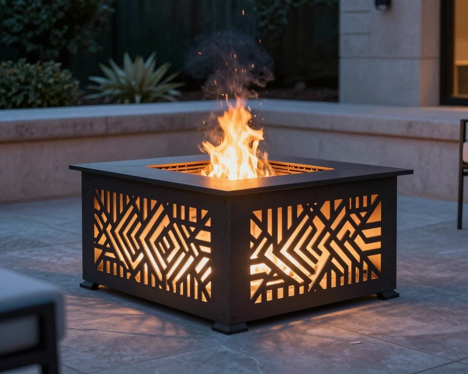 modern steel fire pit with geometric pattern