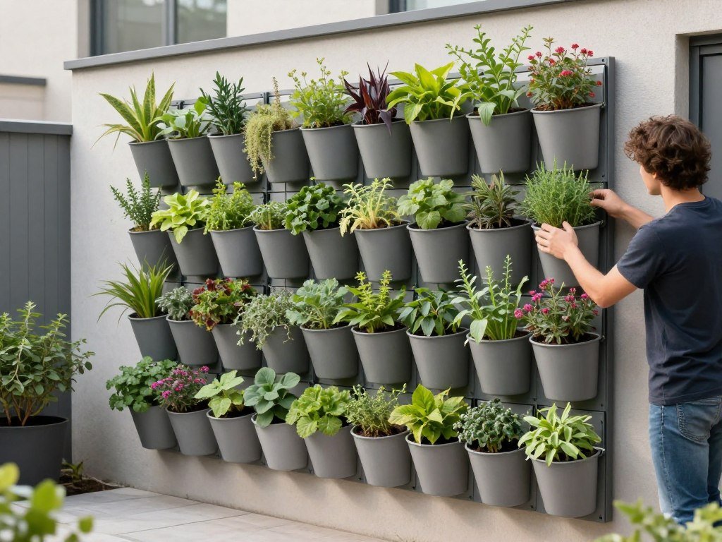 modular vertical planter system with herbs and flowers on patio wall