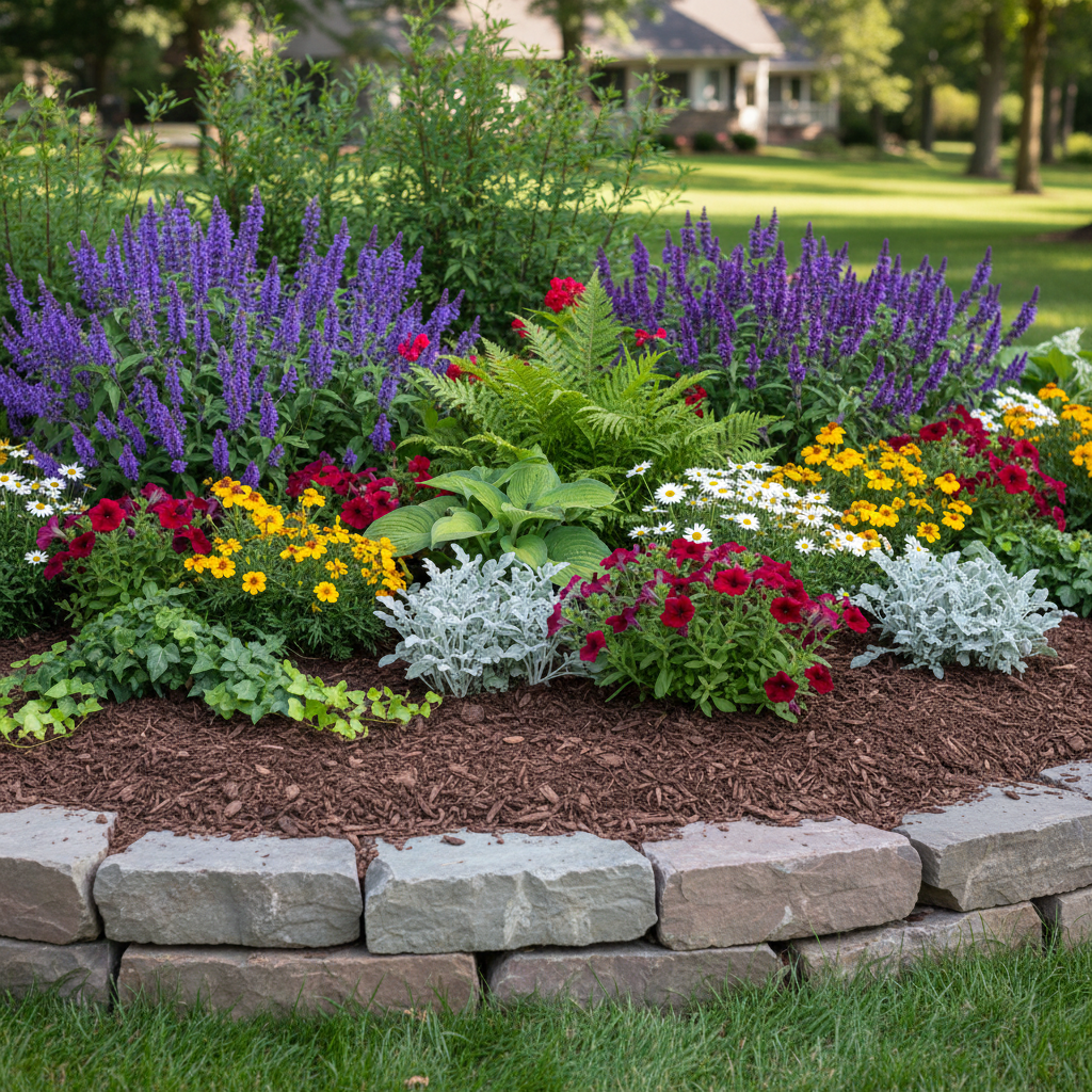 mulched garden bed with stone edging and colorful plants