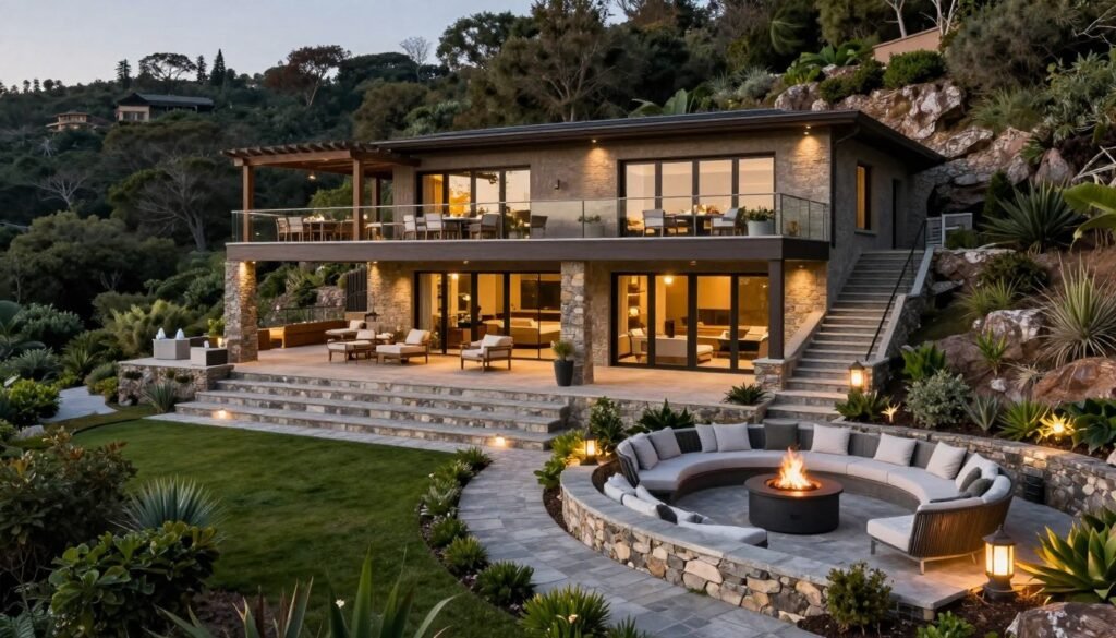 multi-level deck and patio spaces built into sloped backyard landscaping