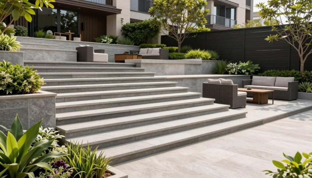multi-level patio with steps and different areas