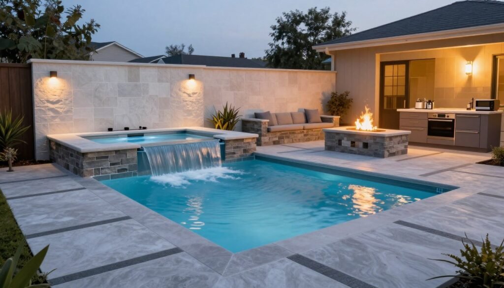 multi-level pool and spa combination with raised hot tub and integrated patio space