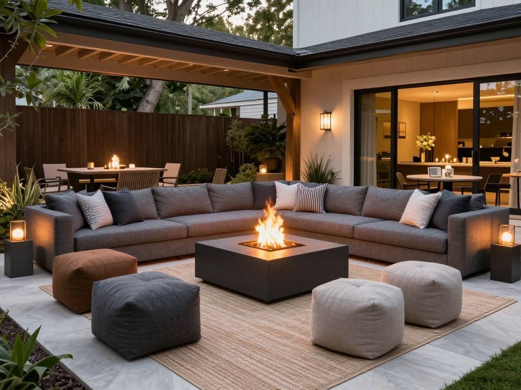 multi-level seating area around fire pit with various chair styles