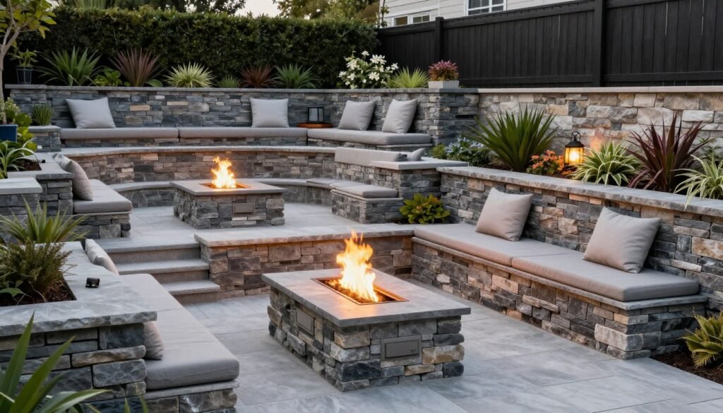 multi-level terraced fire pit area with multiple seating zones