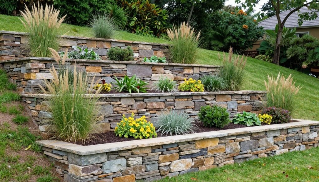 multi-tiered stone retaining walls creating terraced garden spaces on sloped backyard
