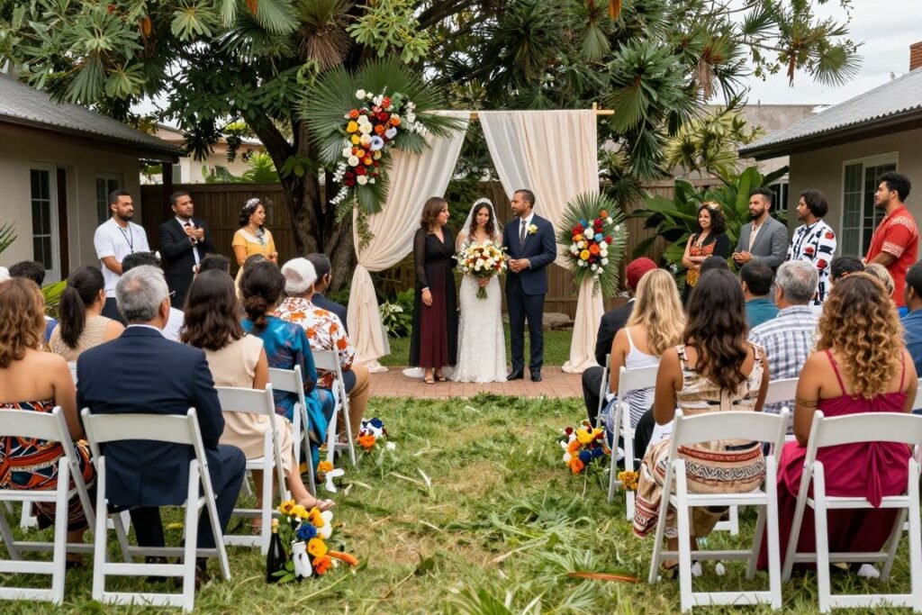 multicultural backyard wedding with diverse decorations and guests