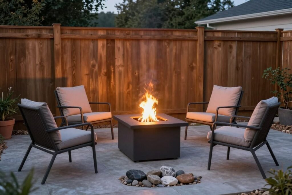 narrow rectangular fire pit along fence line with chairs