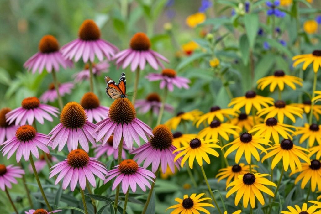 native perennial flower garden with butterflies