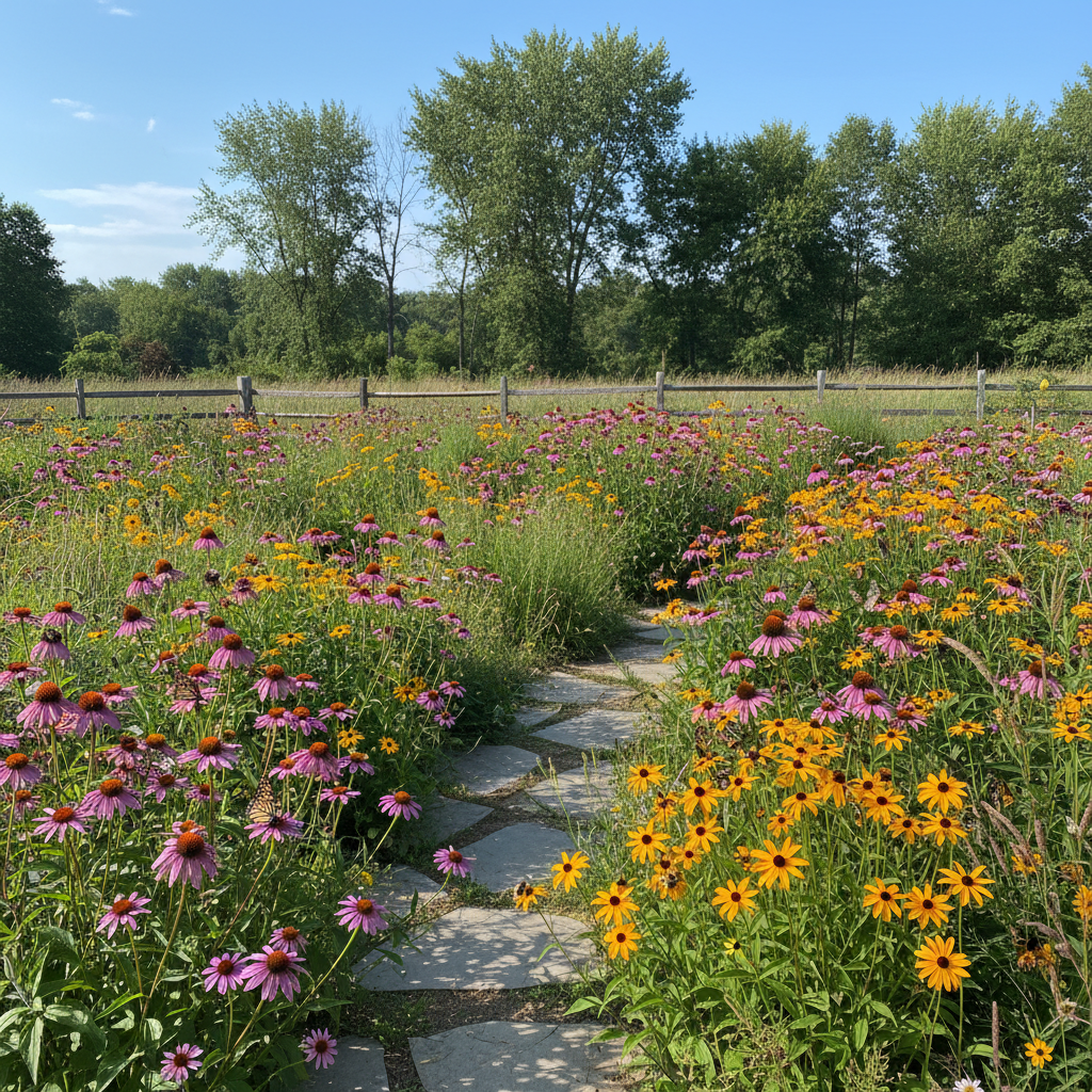 native wildflower garden with butterflies and bees