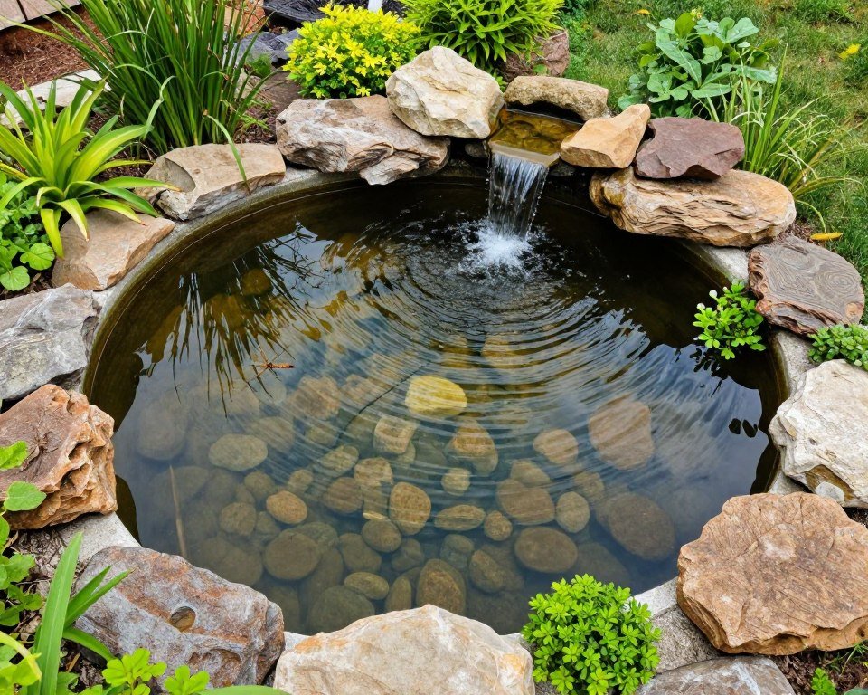 natural looking backyard pond with rocks, plants, and small waterfall feature