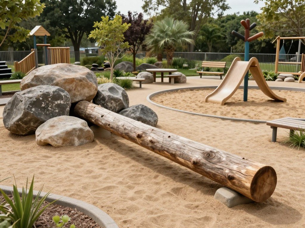 natural play area with log balance beam and boulder climbing features