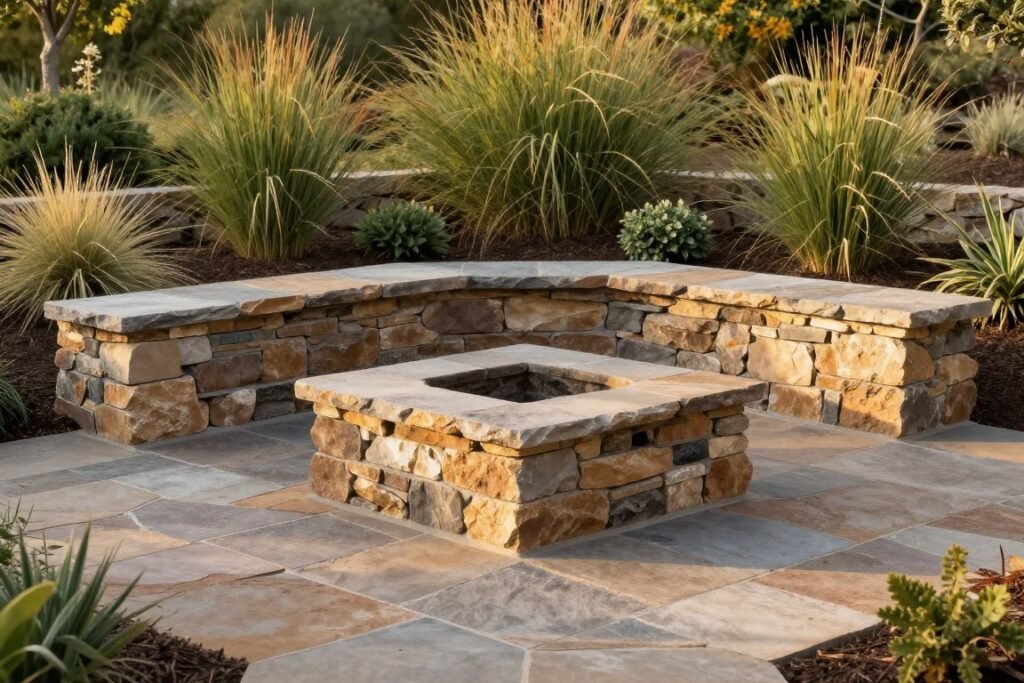natural stone fire pit built into landscaping with stacked stone walls