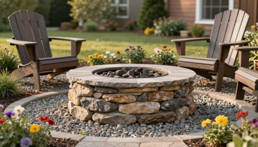 natural stone fire pit surrounded by landscaping