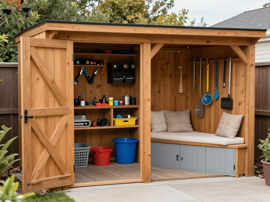 organized backyard storage shed and outdoor cabinets