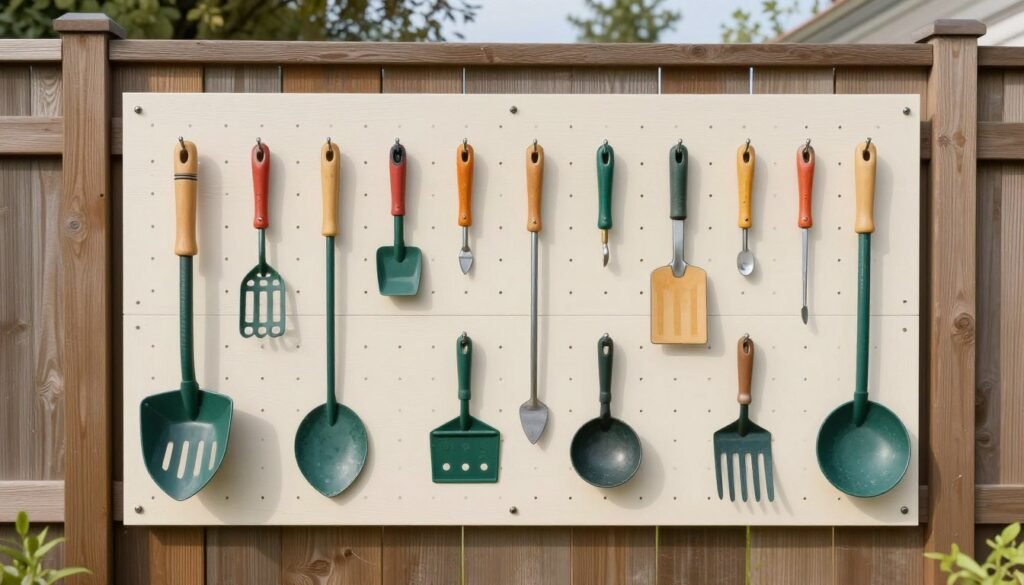 organized pegboard tool storage system on backyard fence