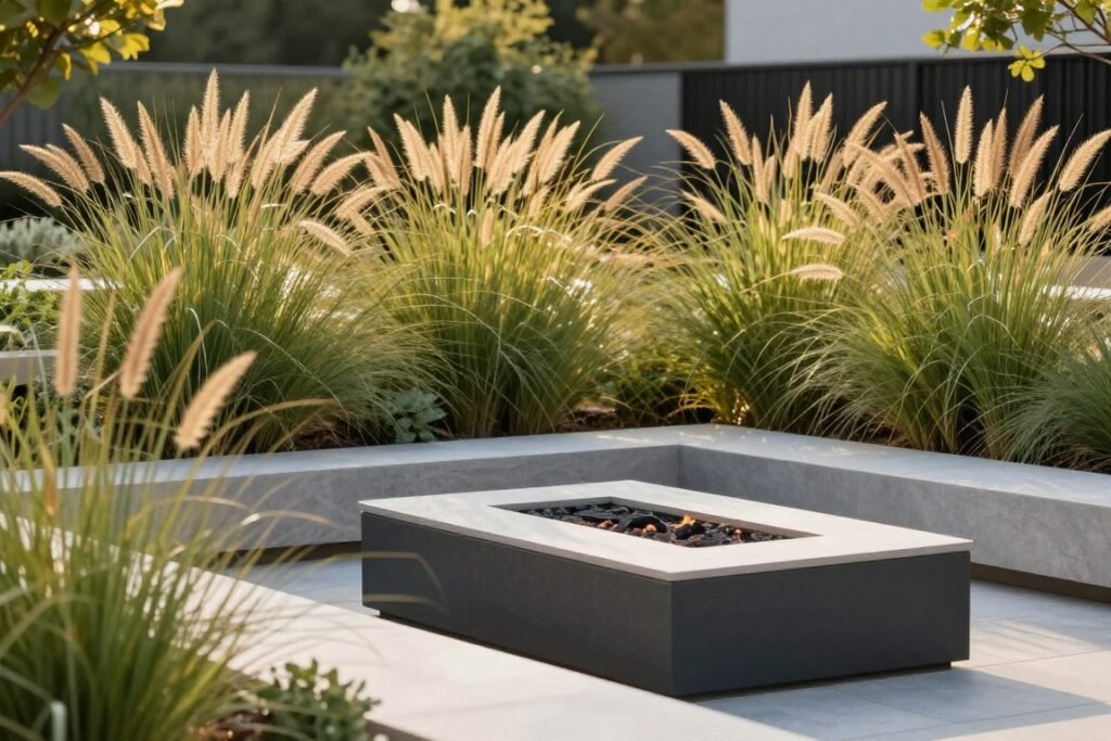 ornamental grasses bordering fire pit patio