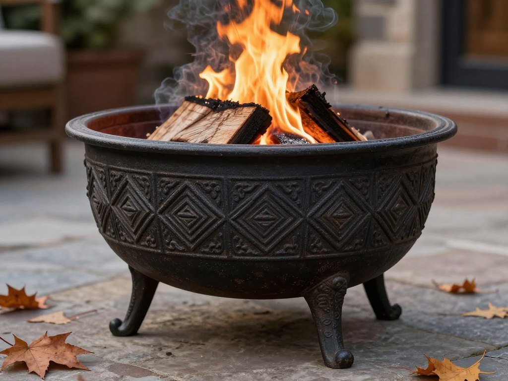 ornate cast iron fire bowl with decorative pattern