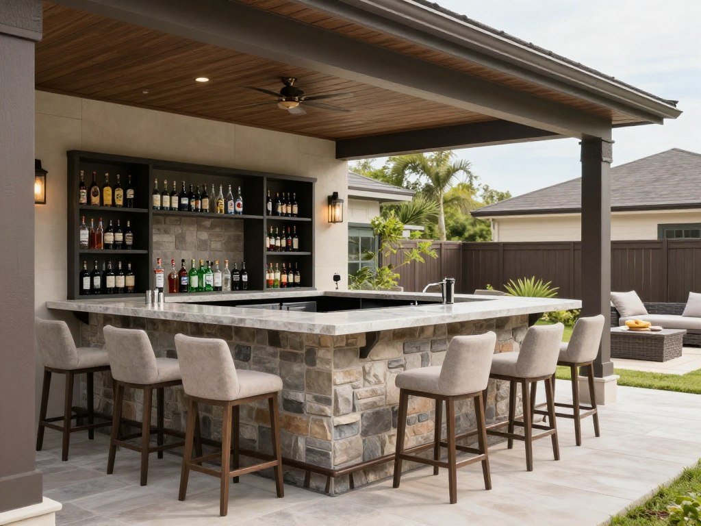 outdoor bar with stone countertop and stools
